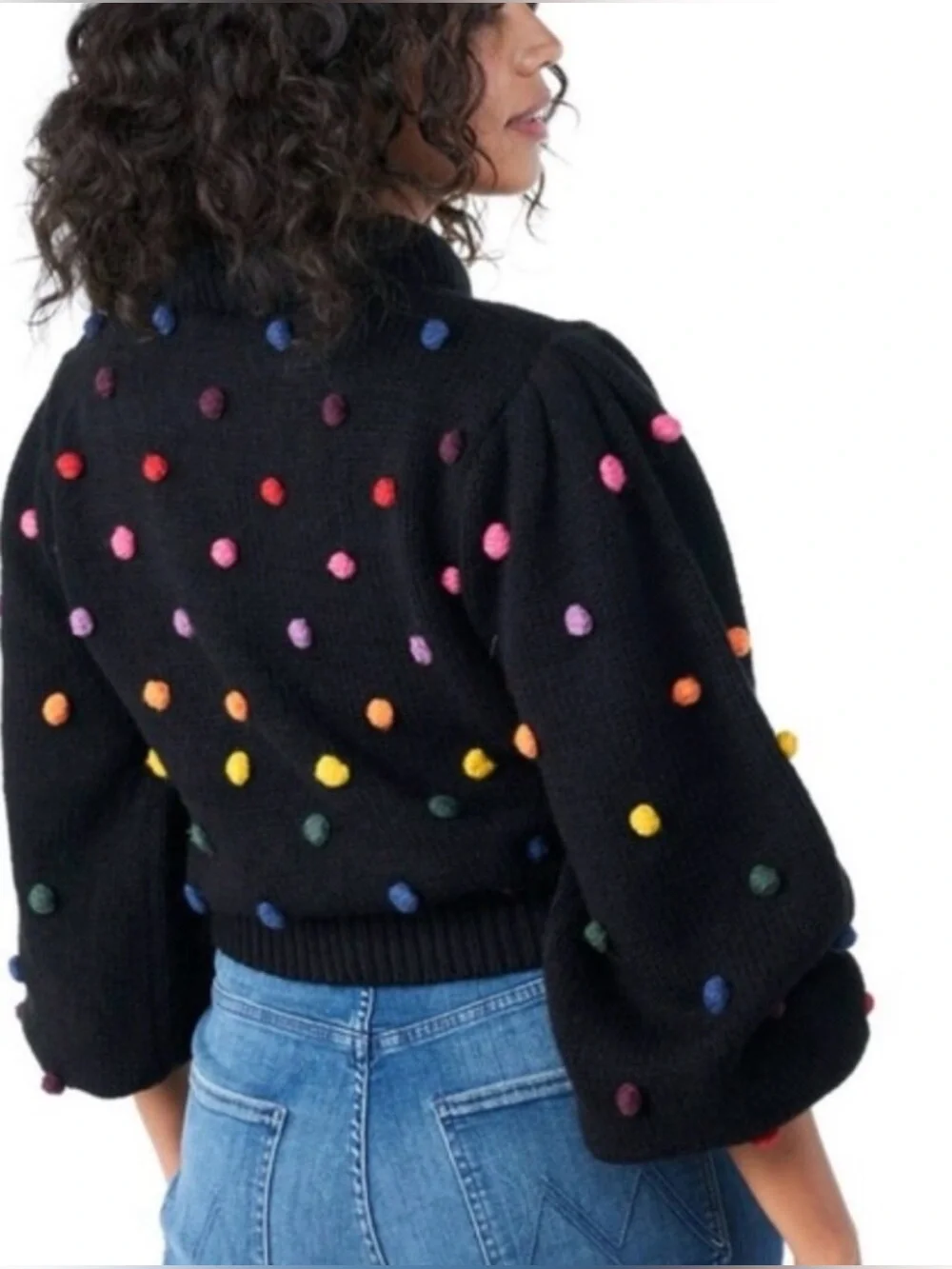 FARM RIO Black Rainbow Dots Pom Pom Cropped Sweater